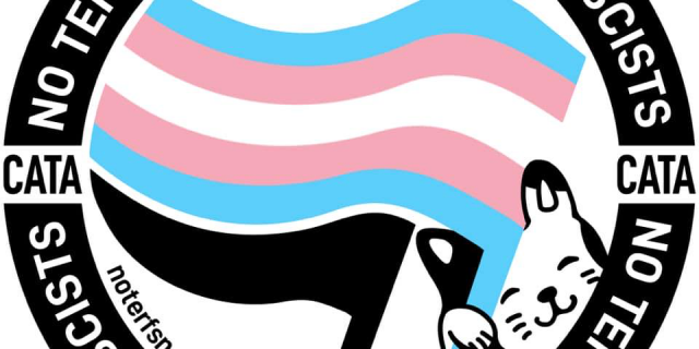 CATA's logo of a cat smiling and holding the trans flag inside a circle of text that says NO TERFS NO SWERFS